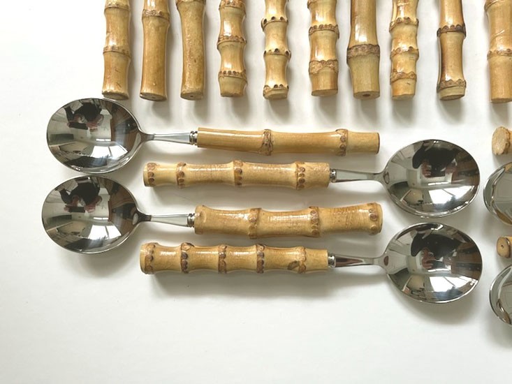 23 ASSORTED PCS. *KOALA LOVE* BAMBOO HANDLE STAINLESS FLATWARE-UNUSED OPEN BOX