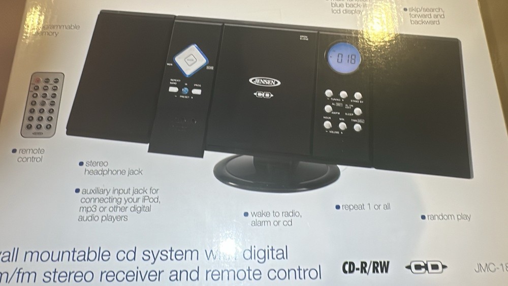 Jensen Wall Mountable CD System Alarm Clock Digital AM/FM Stereo Model #JMC-180D