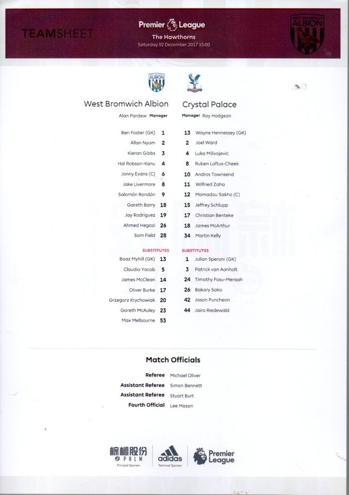 Team Sheet - West Brom v Crystal Palace 2.12.2017