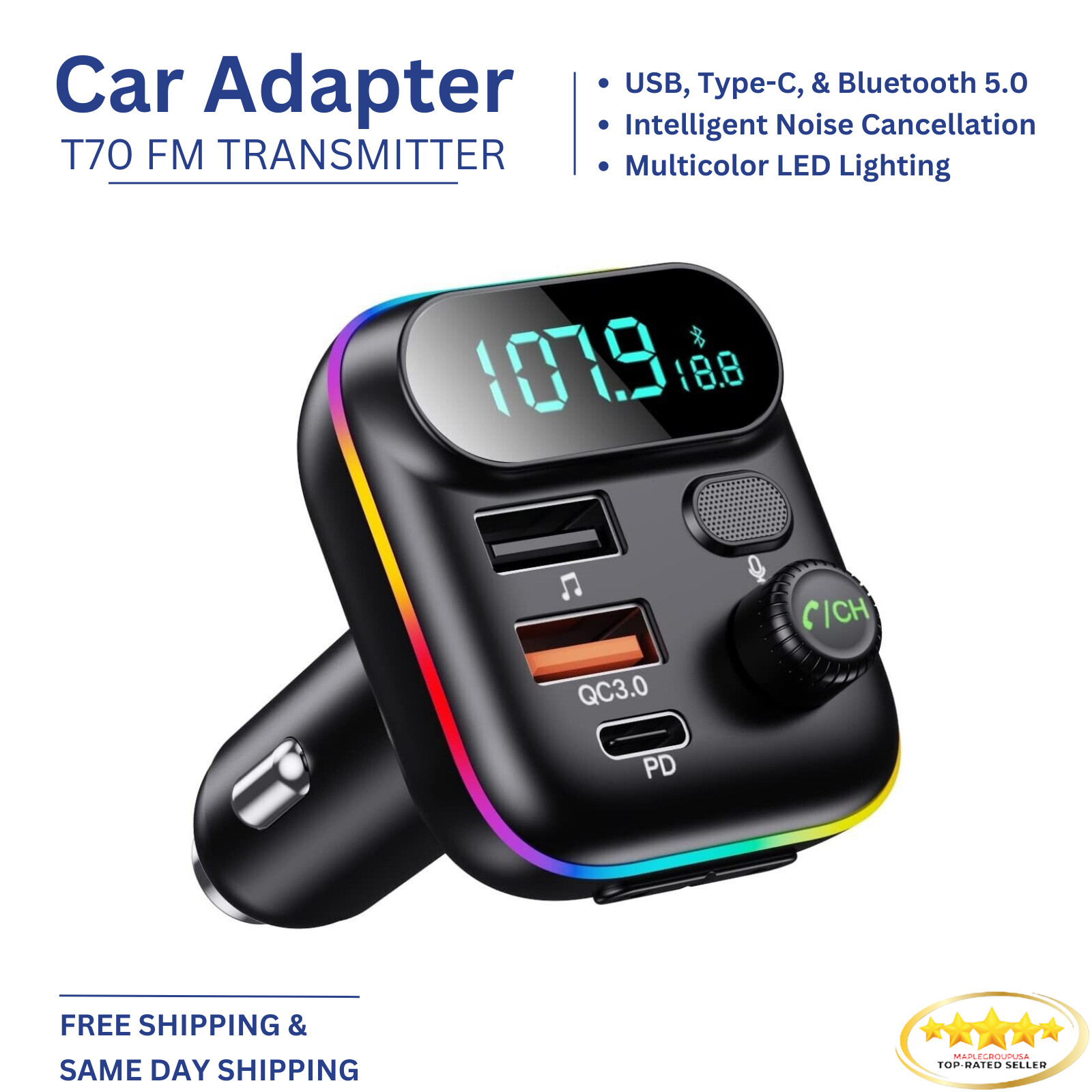 Bluetooth 5.0 Car Wireless FM Transmitter Adapter USB PD Charger AUX Hands-Free