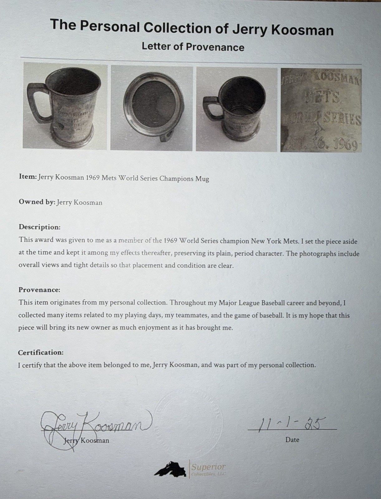 Jerry Koosman Personal Collection: 1969 World Series Championship Mug Award