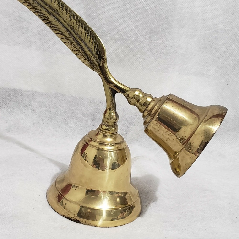 Vtg Solid Brass Double Bell Feather Handle Office Decor 5,5" H