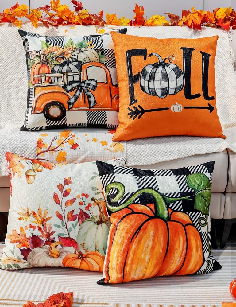 Fall Decorations Flowers Pumpkins Maple Leaf Pillow Covers Gift 4PCS 18''x18''