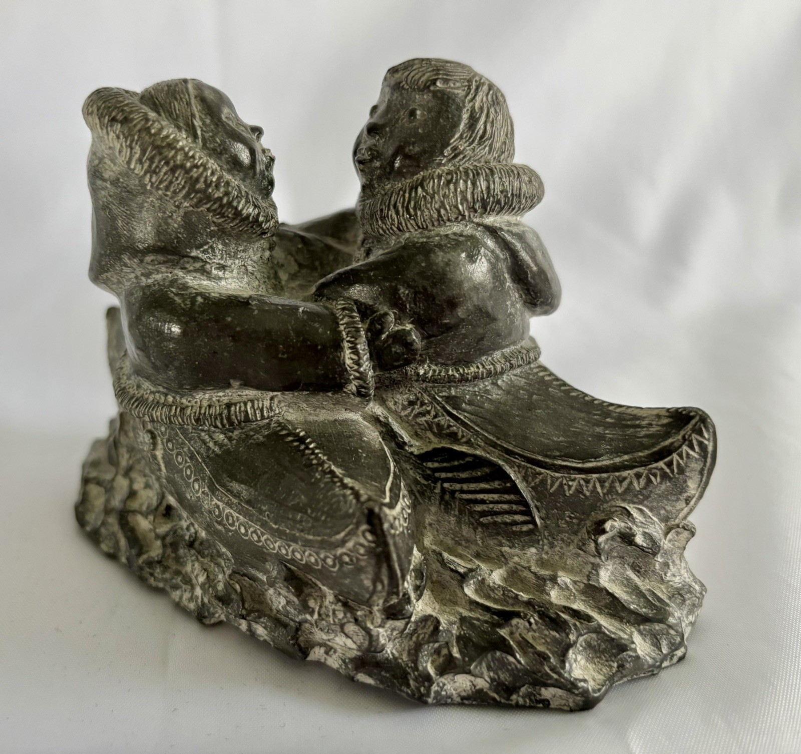 A Wolf Original Soap Stone Sculpture Inuit Man and Woman Canoes 5” Figurine
