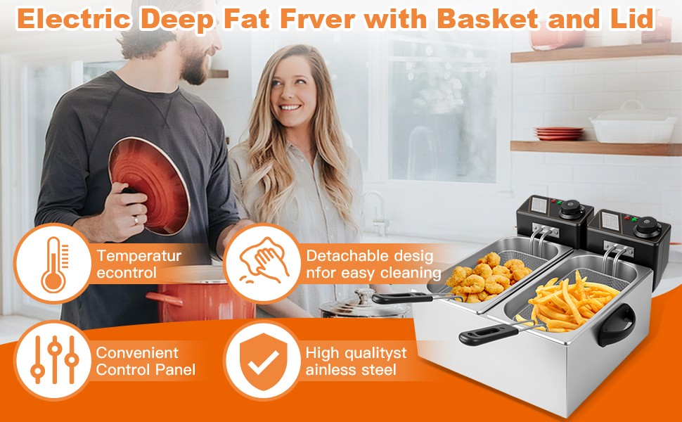 8L Electric Deep Fryer Dual Tank Commercial Restaurant Countertop 5000W With Lid