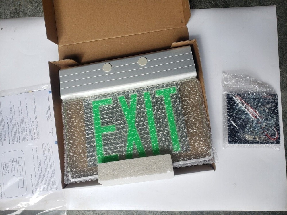 Edge-lit Exit Sign: 2 Faces, Green, Aluminum, Universal Field Selectable Chevron