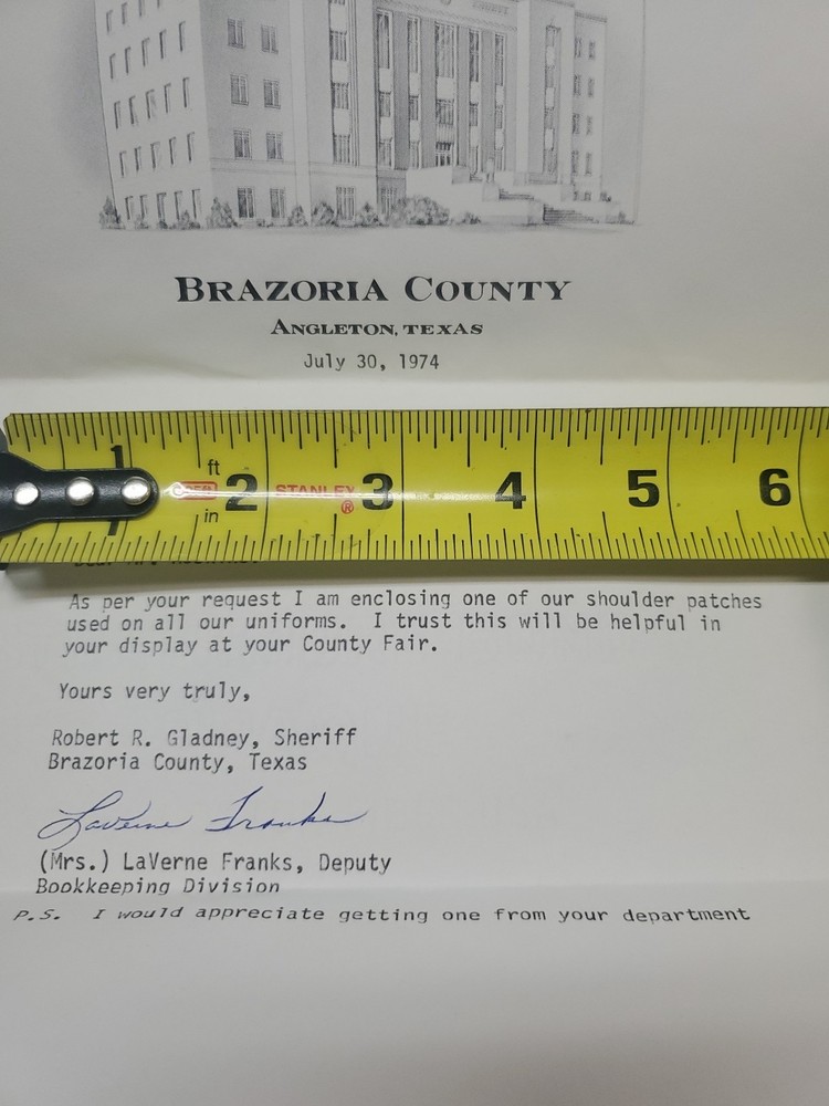 Vtg Obsolete 70s Brazoria CO Texas Sheriffs patch W/ Note