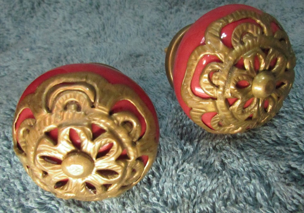 Set of 2 Large RED Round CERAMIC KNOBS with Brass Flower Decorative Drawer Pulls
