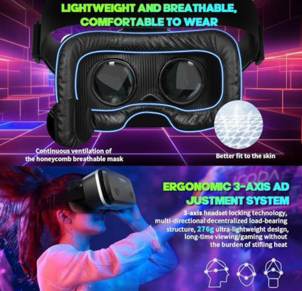 VR Shinecon Smartphone VR Headset Bluetooth Adjustable Pupil Focus 6.0in Black