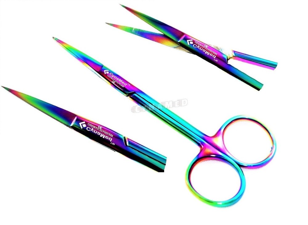 5 GERMAN IRIS MICRO DISSECTING SCISSORS STRAIGHT 4.5" MULTI RAINBOW TITANIUM