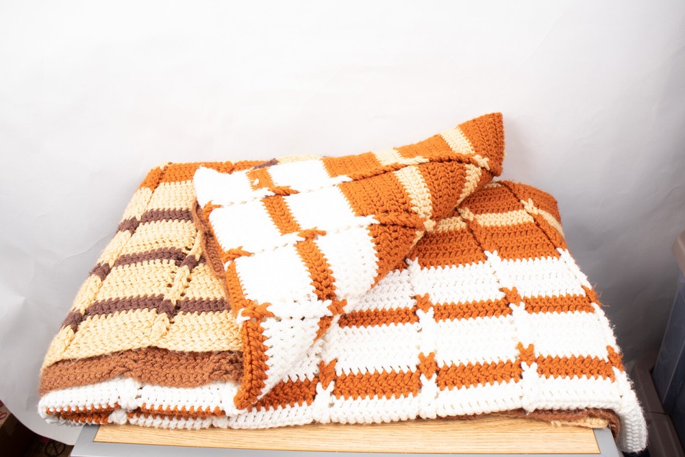 Afghan Throw White Tan Brown Rust 75" X 48"