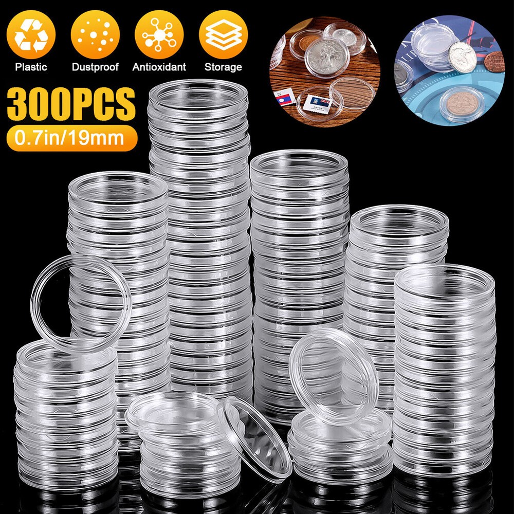300PC 19mm Clear Round Coin Capsule Container Storage Box Holder case Plastic