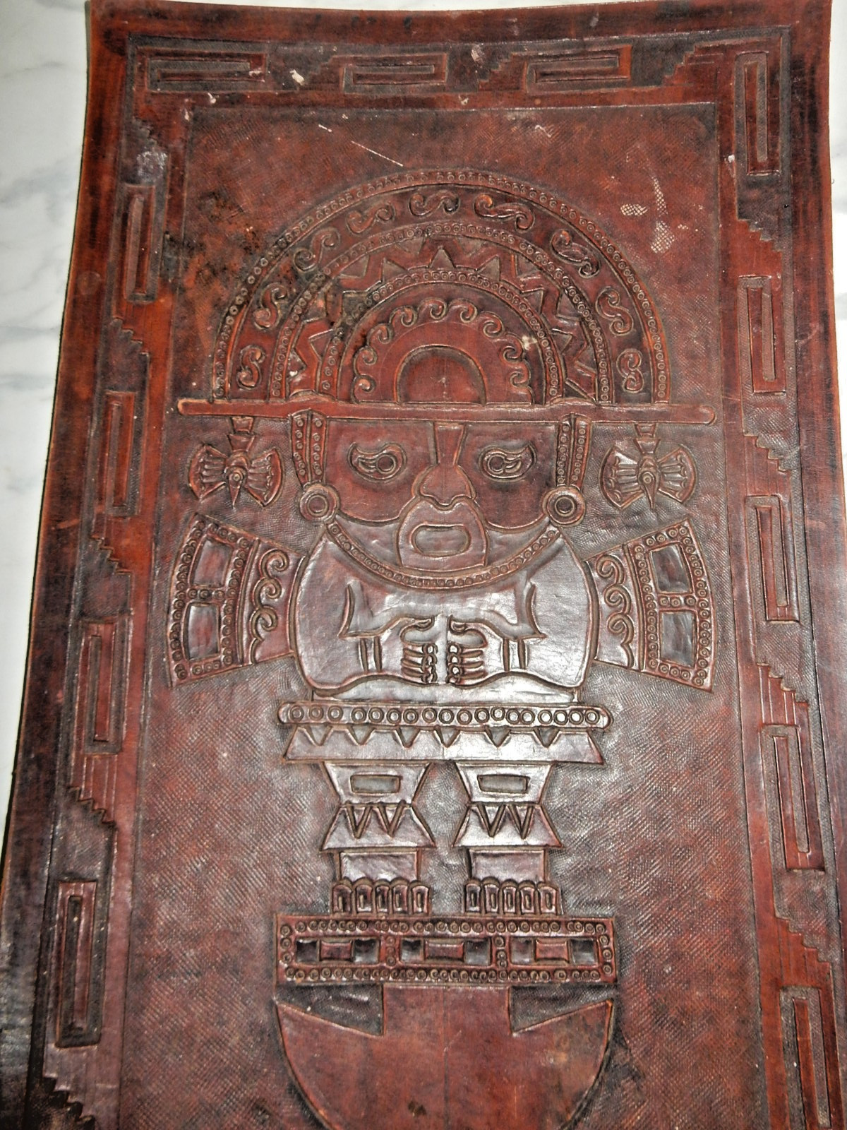 Vintage Peru Peruvian Tooled Leather Tumi Mayan Inca  11"X19"