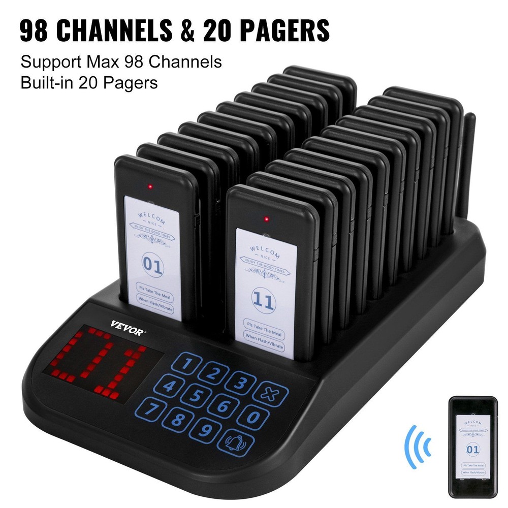 20 Pagers Wireless Calling System with Vibration & Flashing, Max 98 Beepers