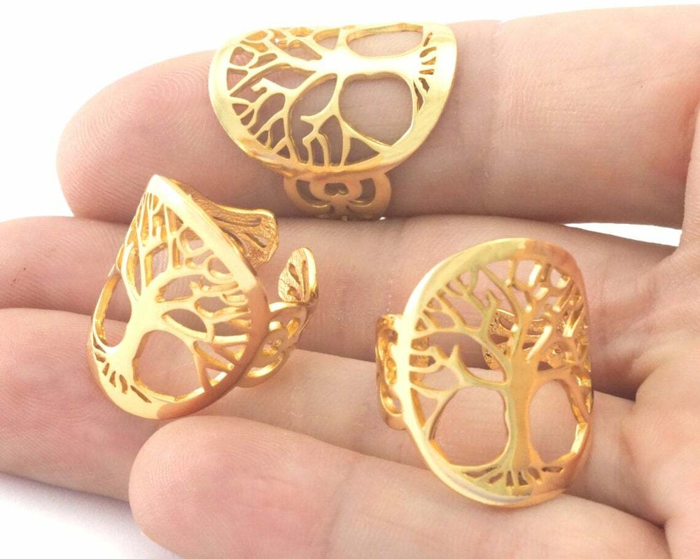 Tree oval statement adjustable ring Shiny Gold Plated brass 5-8US size 4339
