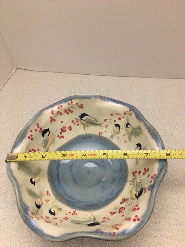 Jen Stein Art Pottery Bowl Decor Piece Chickadee Pattern