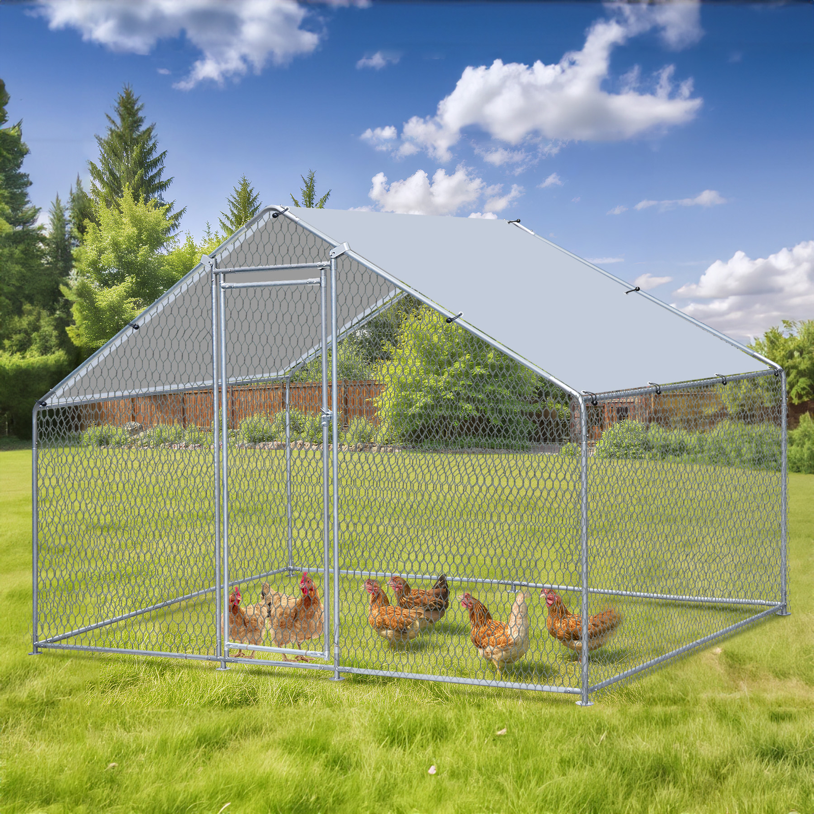 10X 6.5ft Walk-in Metal Chicken Coop Poultry Cage Pet House w/ Chicken Run Cover