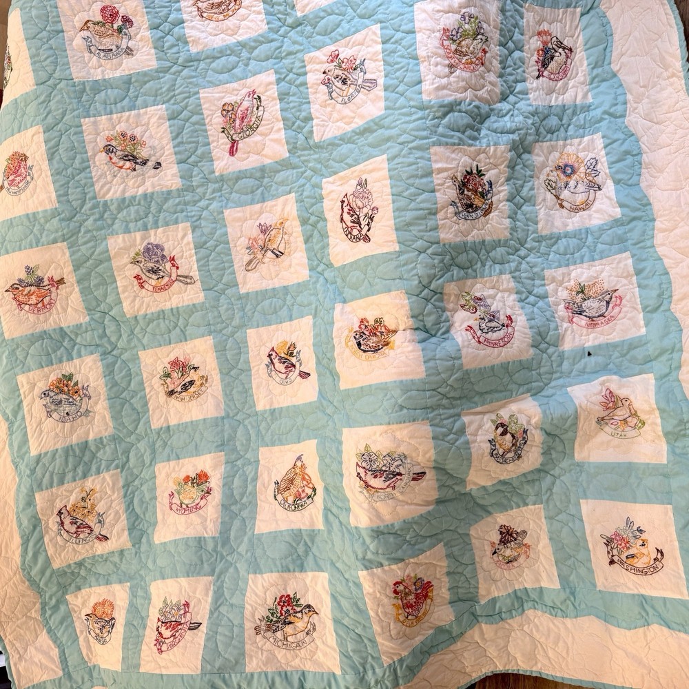 Vintage Handmade State Bird Quilt Blue White Embroidered Patchwork