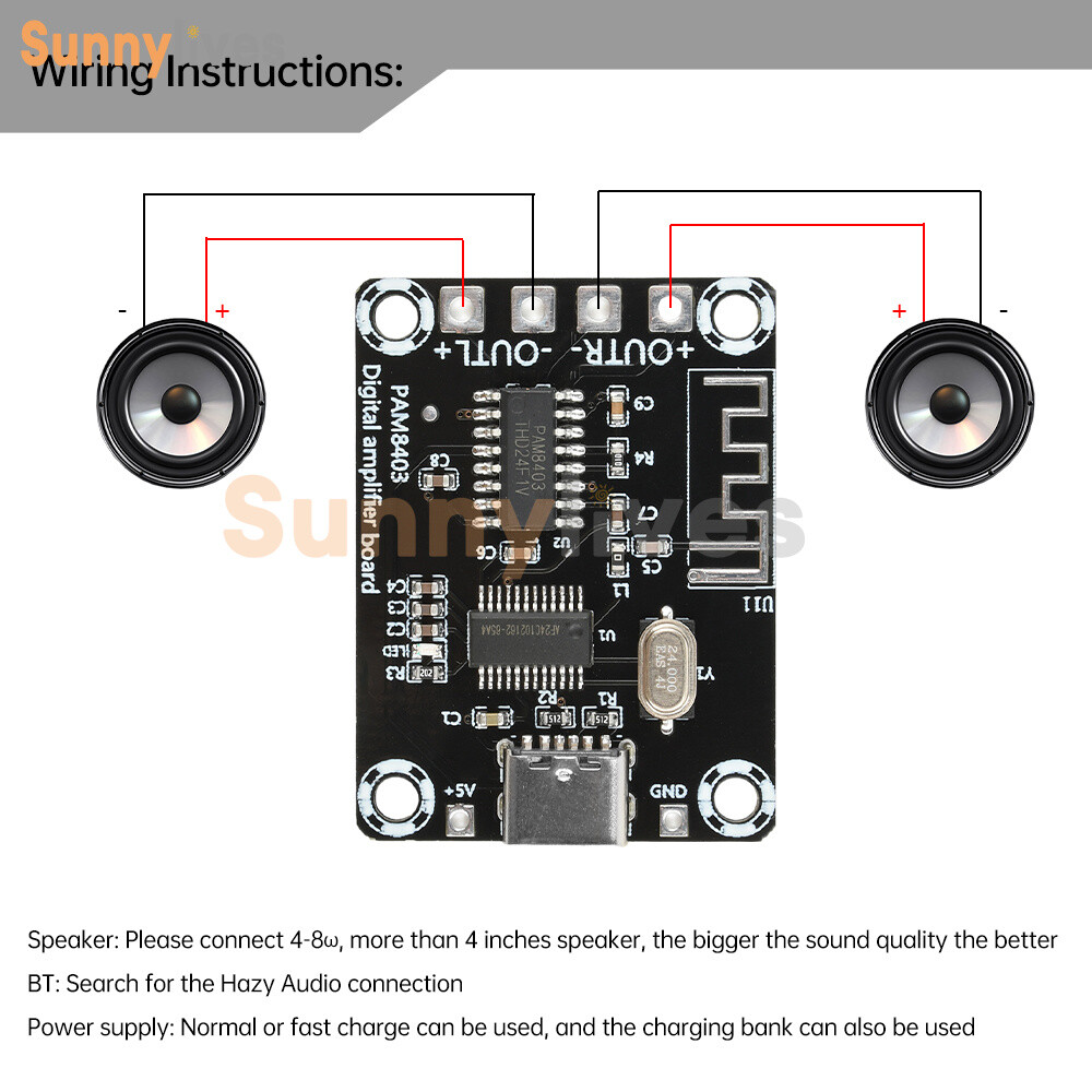 Type-C Mini PAM8403 Bluetooth Digital Power Amplifier Board 5W+5W For Class D