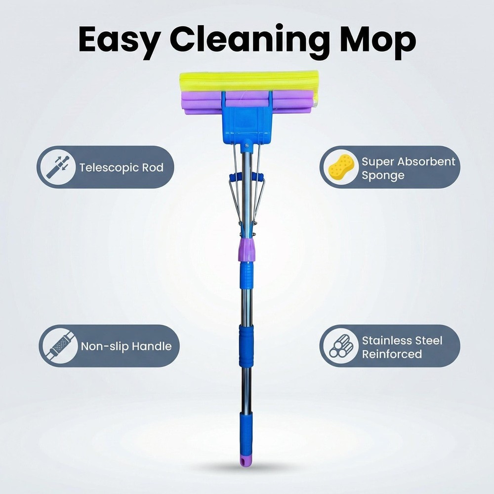 Sponge Mop with Extendable Stainless Steel Handle Absorbent for Bathroom Kitchen