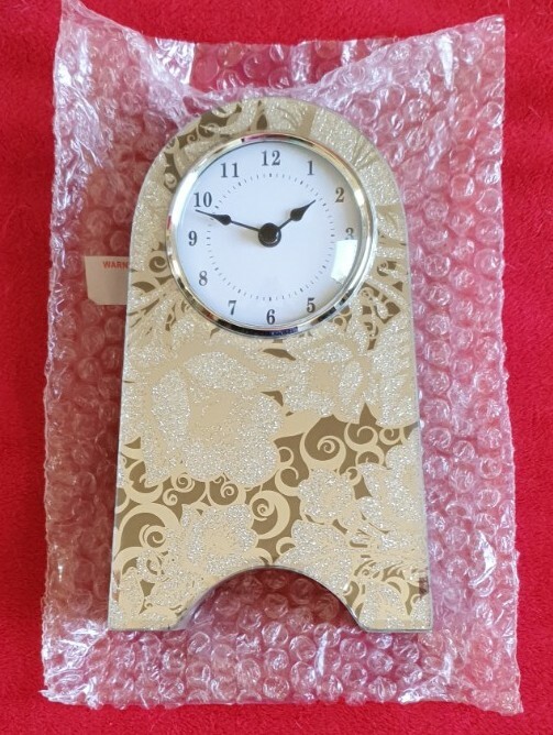 Glitzi Clock - 22cm Tall. Mirror Finish With Flower Glitter Pattern