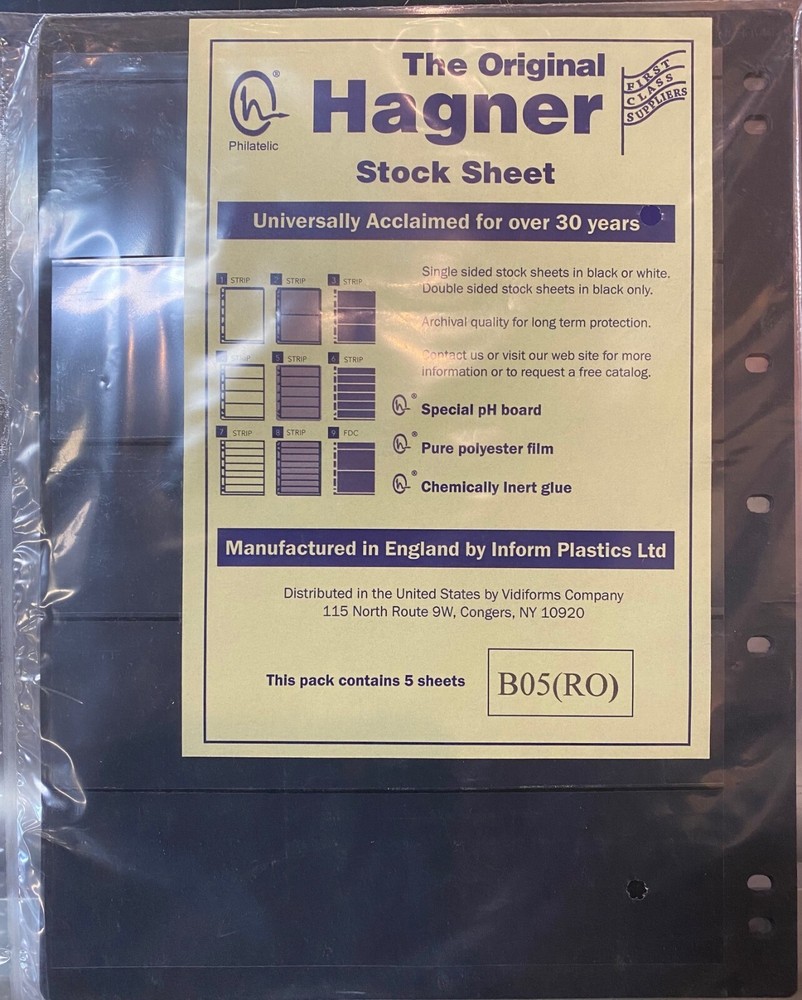 HAGNER STOCK SHEETS SINGLE SIDE #B05 BLACK FIVE ROW 5 PACK FREE SHIPPING !!