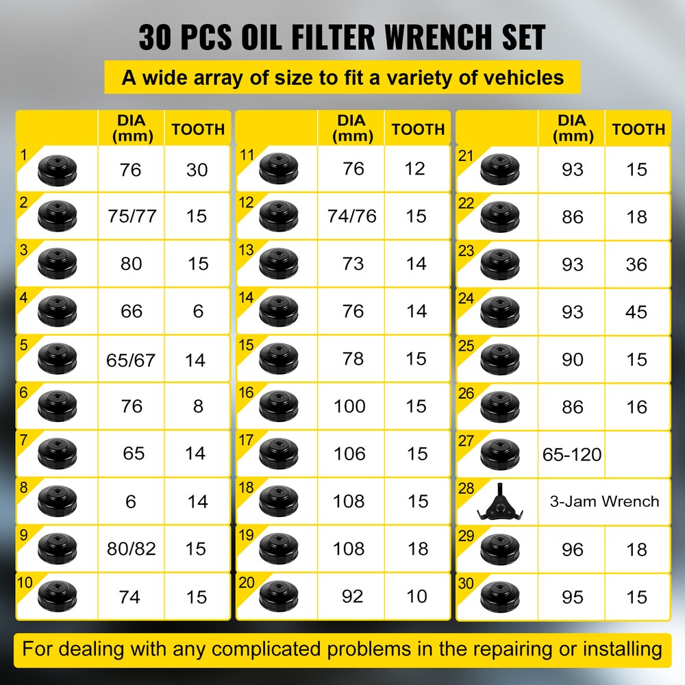 VEVOR Oil Filter Socket Set Cup Socket Tool Set 30 PCS Oil Filter Cap Wrench
