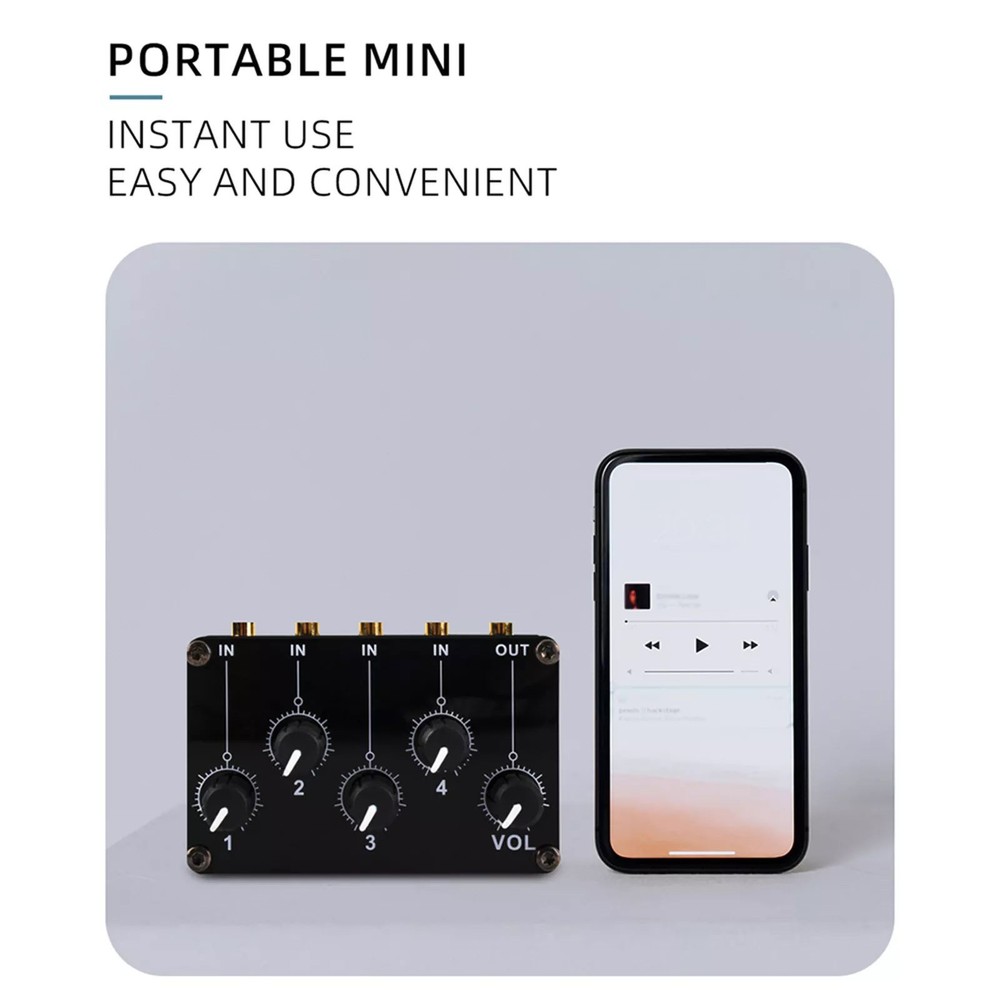 Stereo Audio Mixer With 4x 3.5mm input interfaces and 1x 3.5mm output interface