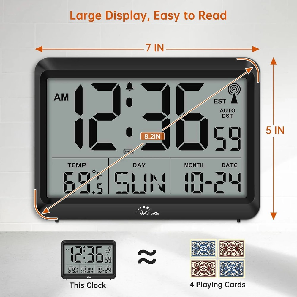 Atomic Digital Wall Clock Large Display Temp Date Day Silent 4 Zone DST