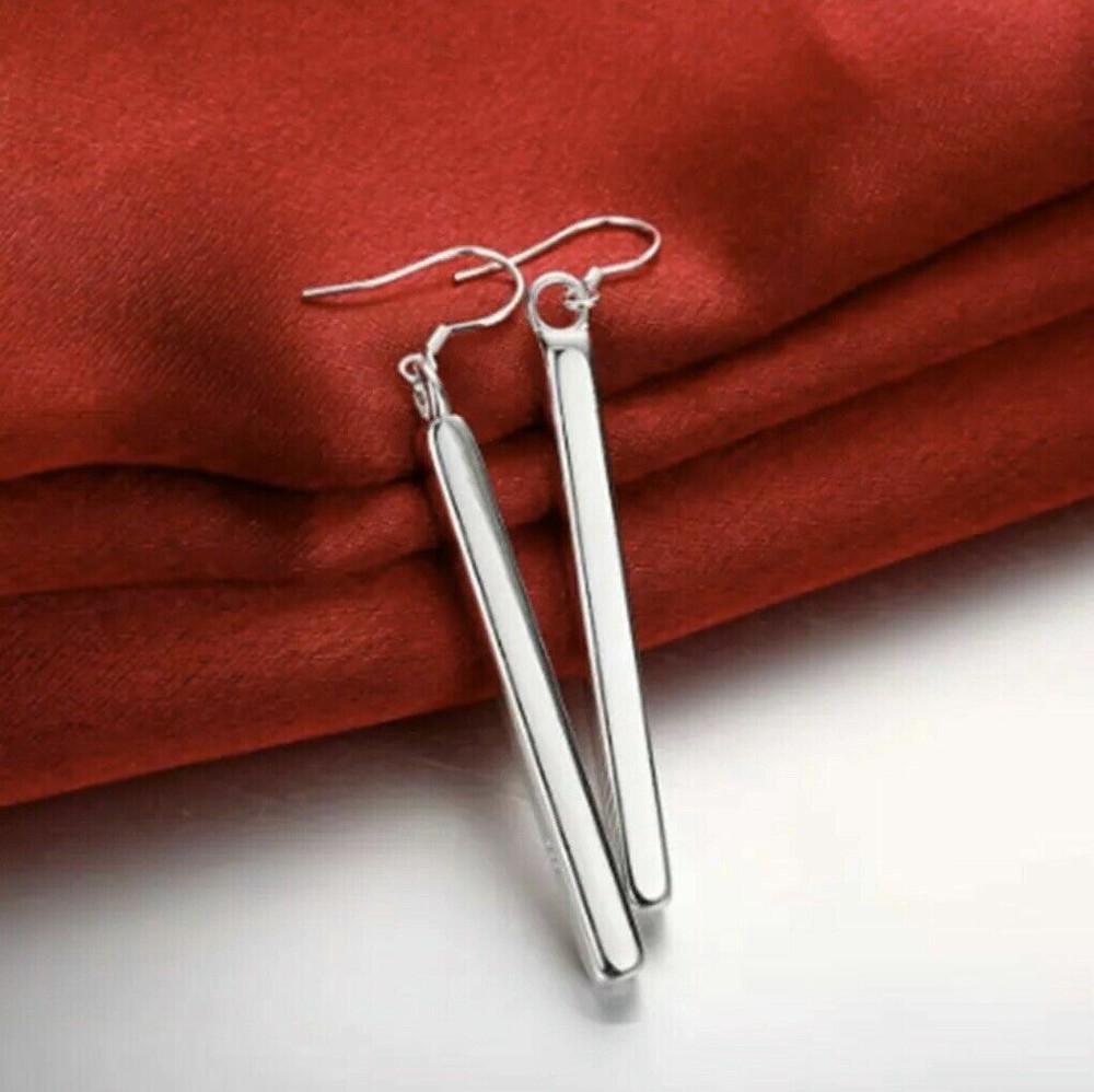 Silver Plated Vertical Solid Bar Drop Dangle Hook Earrings