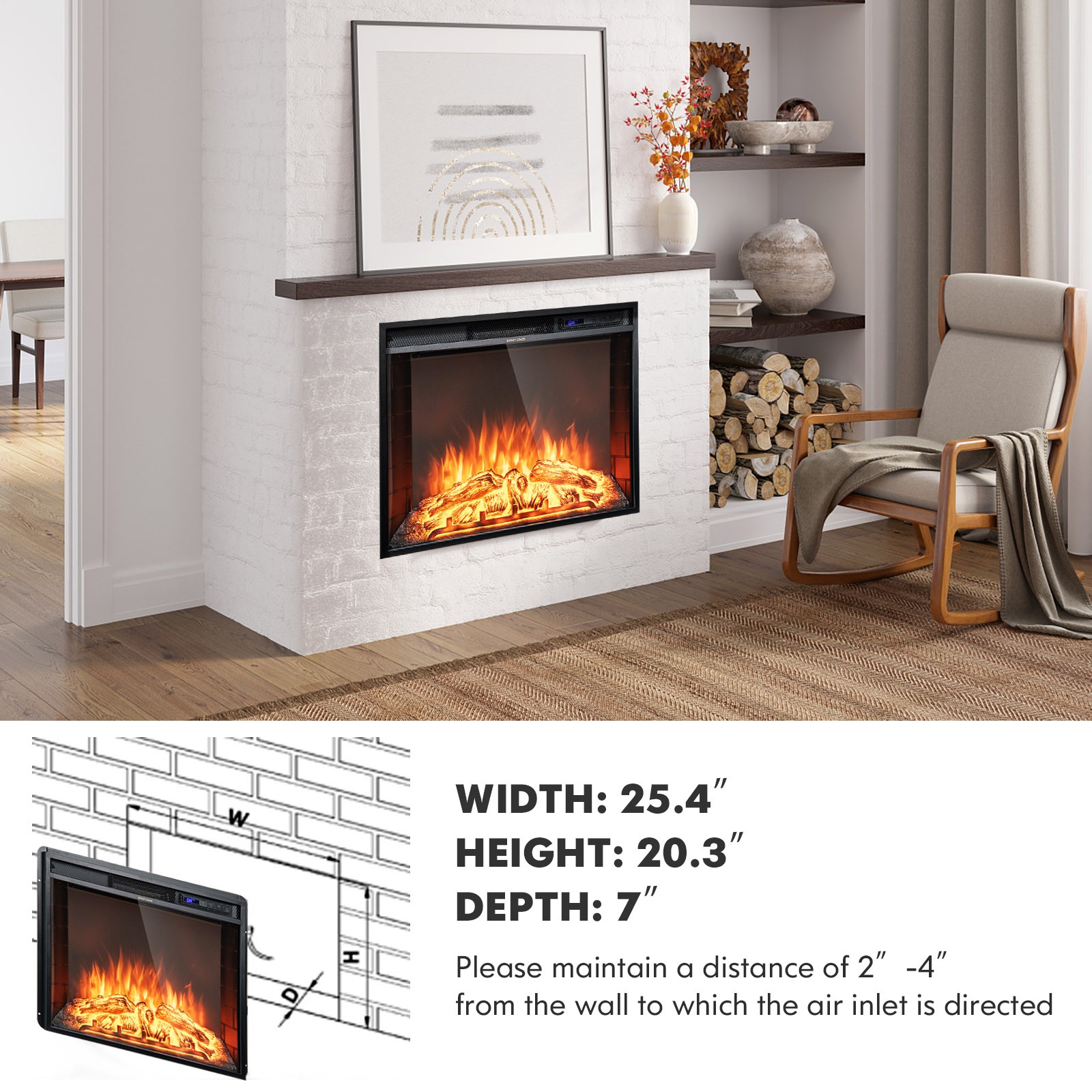 Costway 26" Recessed Electric Fireplace heater W/ Remote Control 750W/1500W