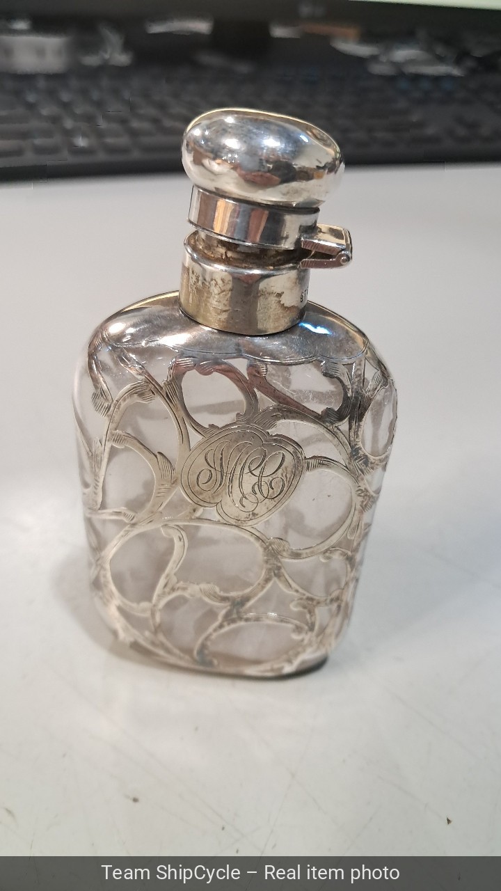 U23143 ANTIQUE Overlay STERLING Small FLASK With Engraved Initials G2U