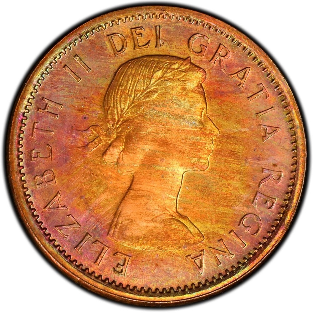 PL64BN 1960 1C Canada Maple Leaf Proof Cent, PCGS Trueview- Rainbow Toned