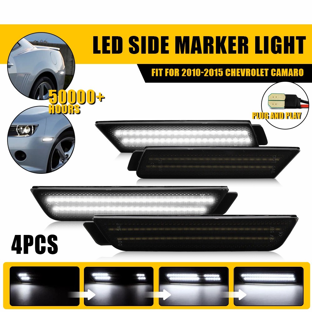 4X Sequential Front Rear LED Side Marker Light White For 2010-2015 Chevy Camaro