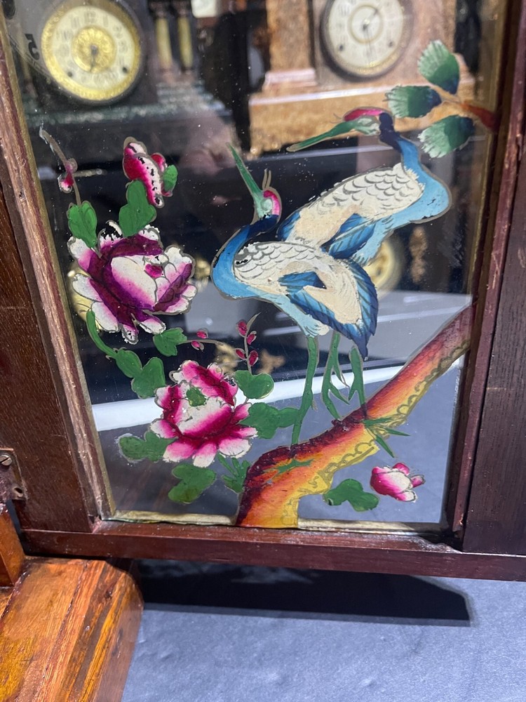 Antique Clock KEY WIND, PAINTED BIRD/FLORAL PAINTED WINDOW, WORKING CLOCK