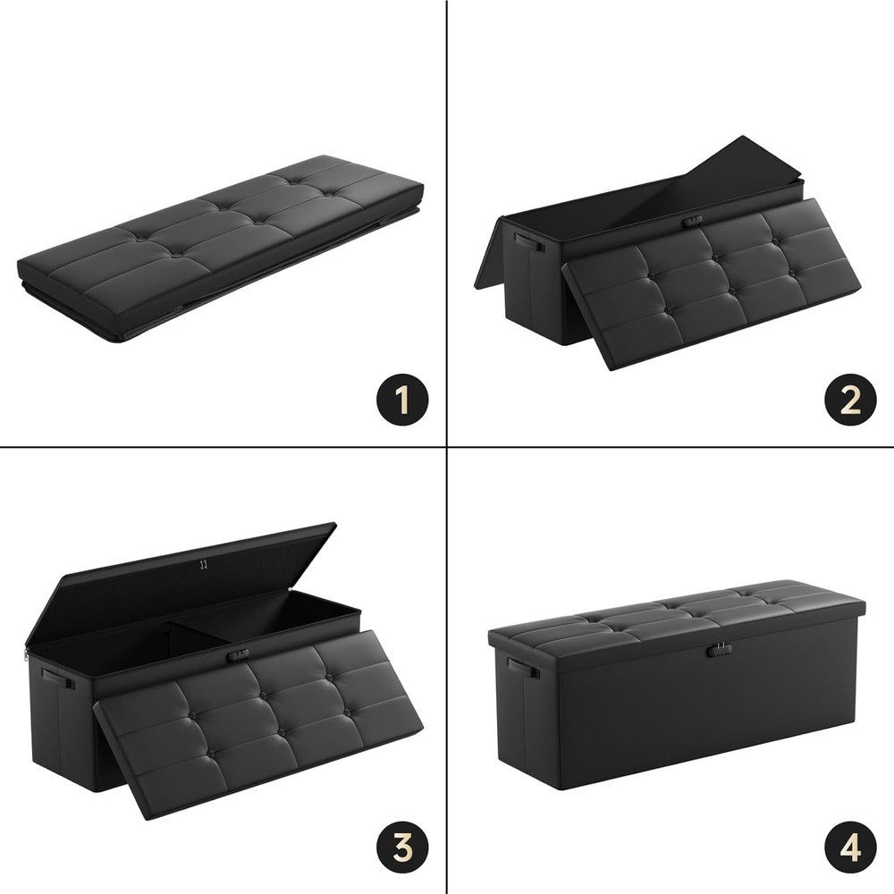 Fireproof Folding Storage Ottoman with Handles & 2 Extra Boxes - Black