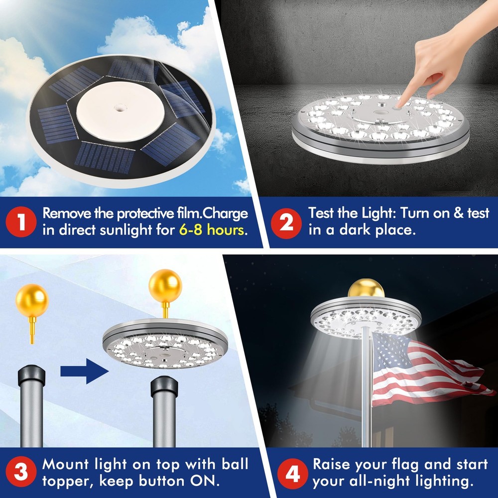 Flag Pole Light Solar Powered, 29 LED Extra Bright Silver Flagpole Light for ...