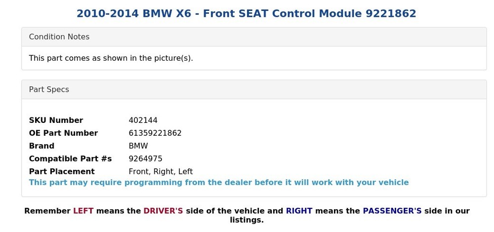 2010-2014 BMW X6 - Front SEAT Control Module 9221862
