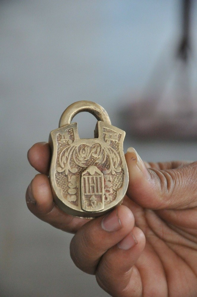 3 Pc Vintage Brass Bird & Lines Engraved Handcrafted Padlocks