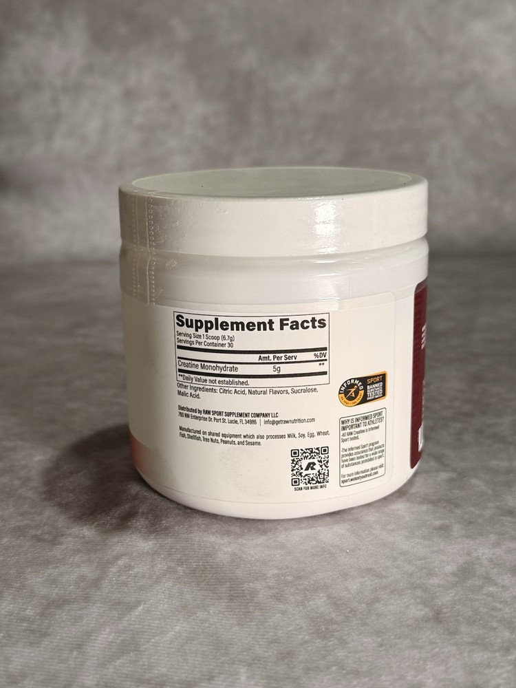 RAW Creatine Monohydrate Powder Cherry Limeade 30 Servings Energy Support