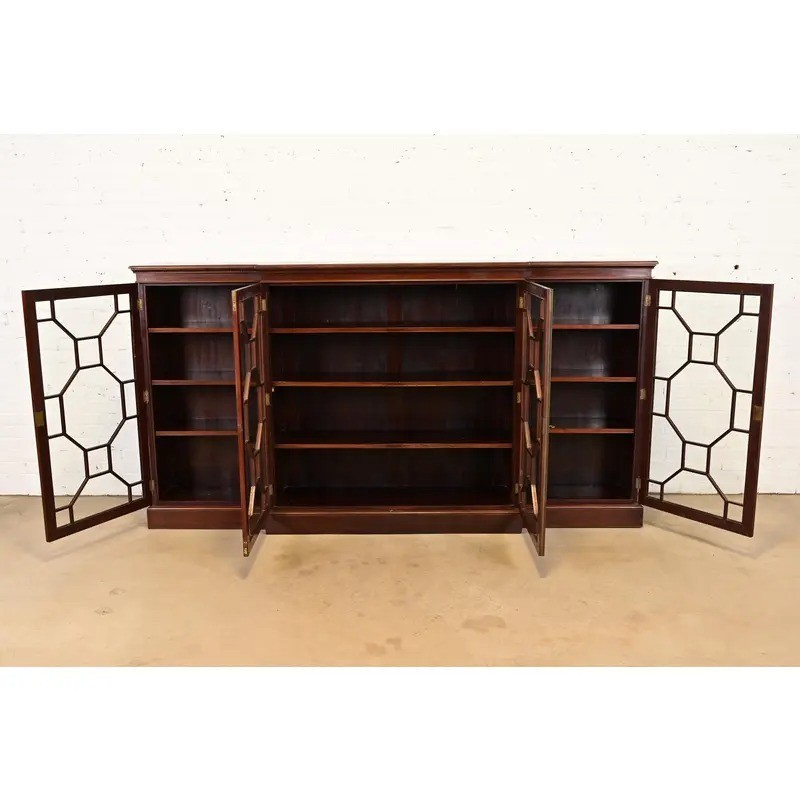 Antique Georgian Carved Mahogany Breakfront Bookcase Cabinet, Circa 1900