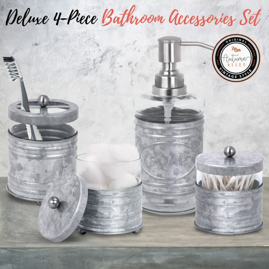 Autumn Alley Galvanized & Glass Farmhouse Bathroom Accessories Set- 4 pieces