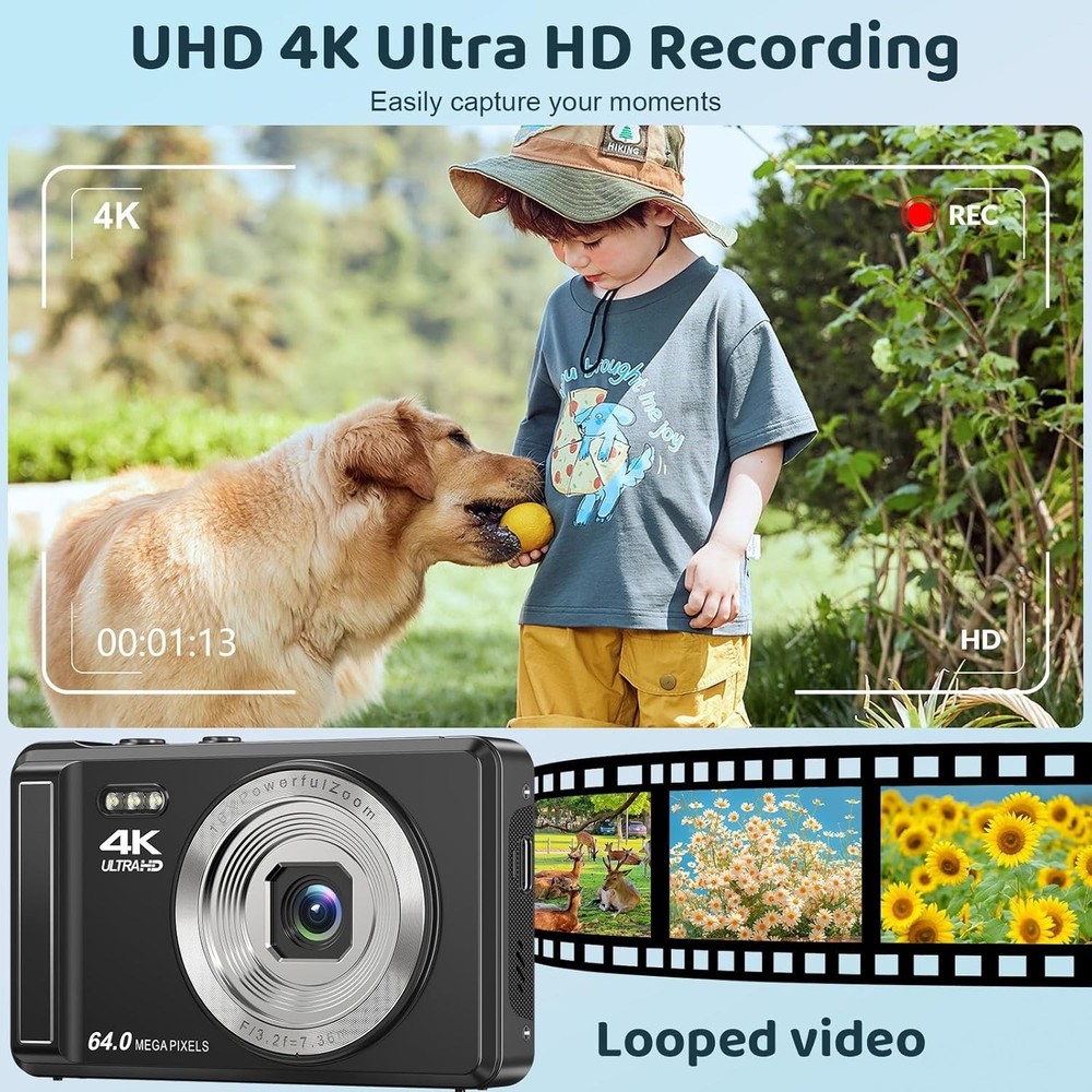 Digital Camera 4K 64MP Digital Camera with 32G SD Card Autofocus Vlogging Camera