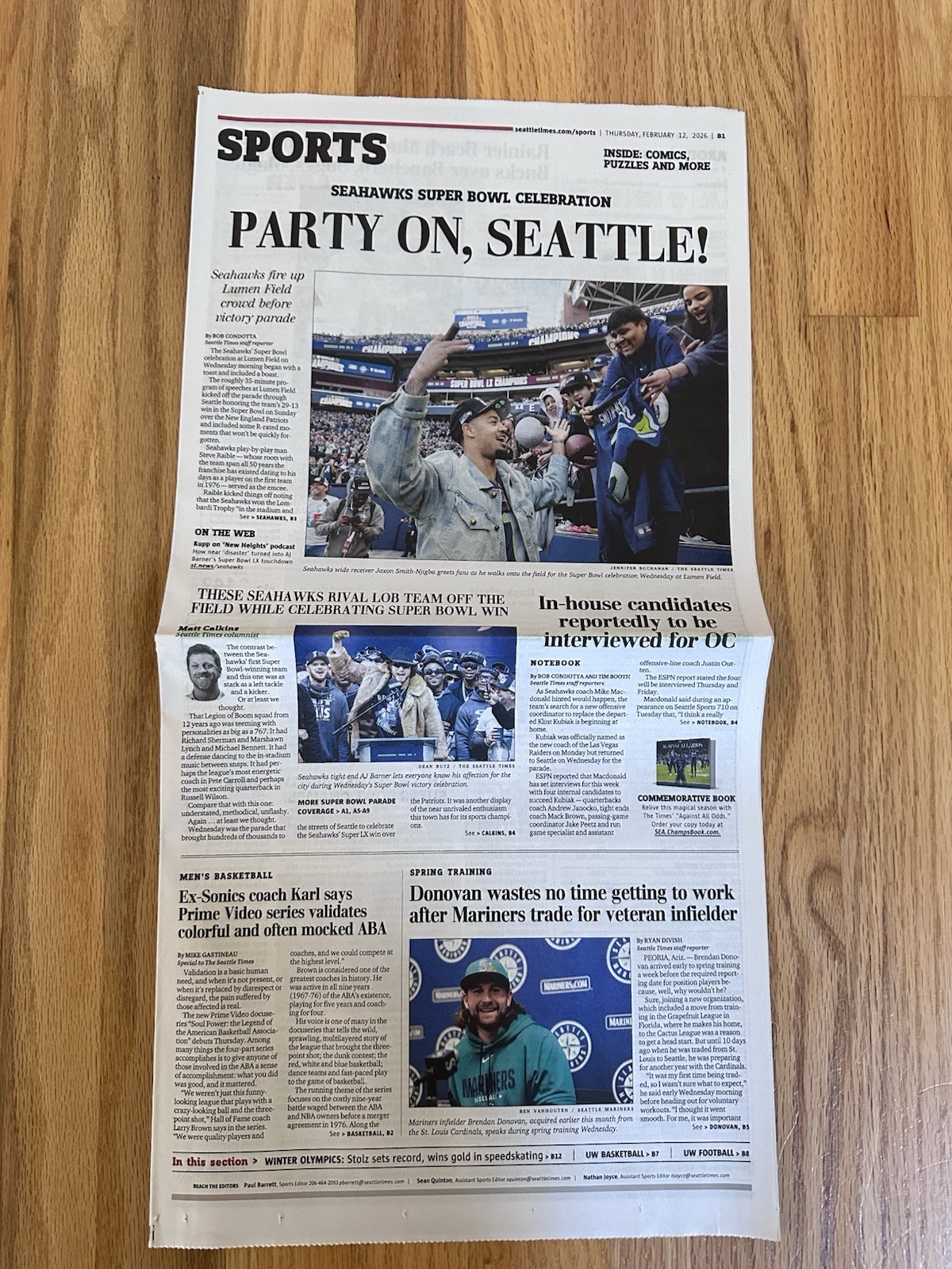 SEATTLE SEAHAWKS SEATTLE TIMES FULL NEWSPAPER 2/12/2026 SUPERBOWL PARADE- NEW