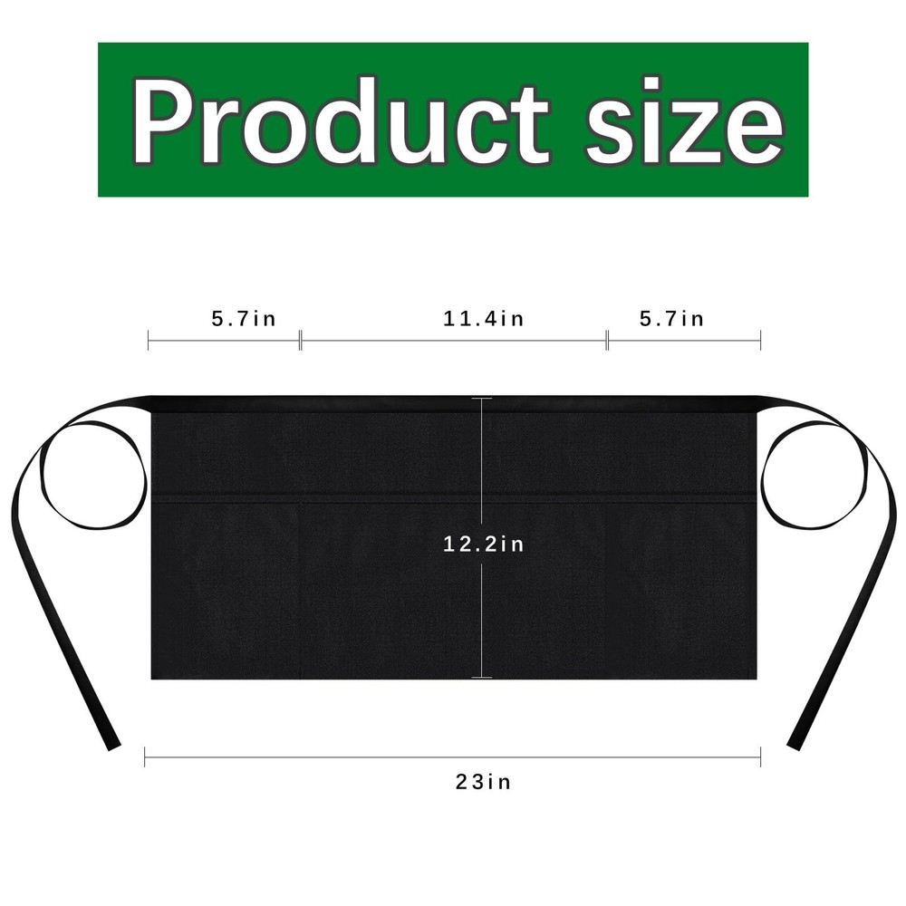 Server Apron 3 Pockets Reinforced Edge Black - 4 Pack Restaurant Workwear