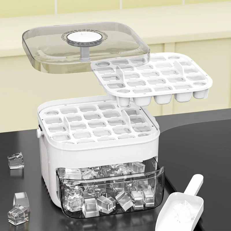 Compact Double‑Layer Ice Cube Tray with Lid, Bin & Pull‑Out Drawer — Smart Kitch