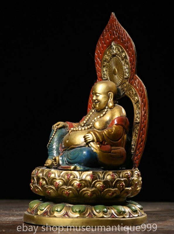 11.6" Old Chinese Bronze Buddhism Happy Laugh Maitreya Buddha Statue Painting