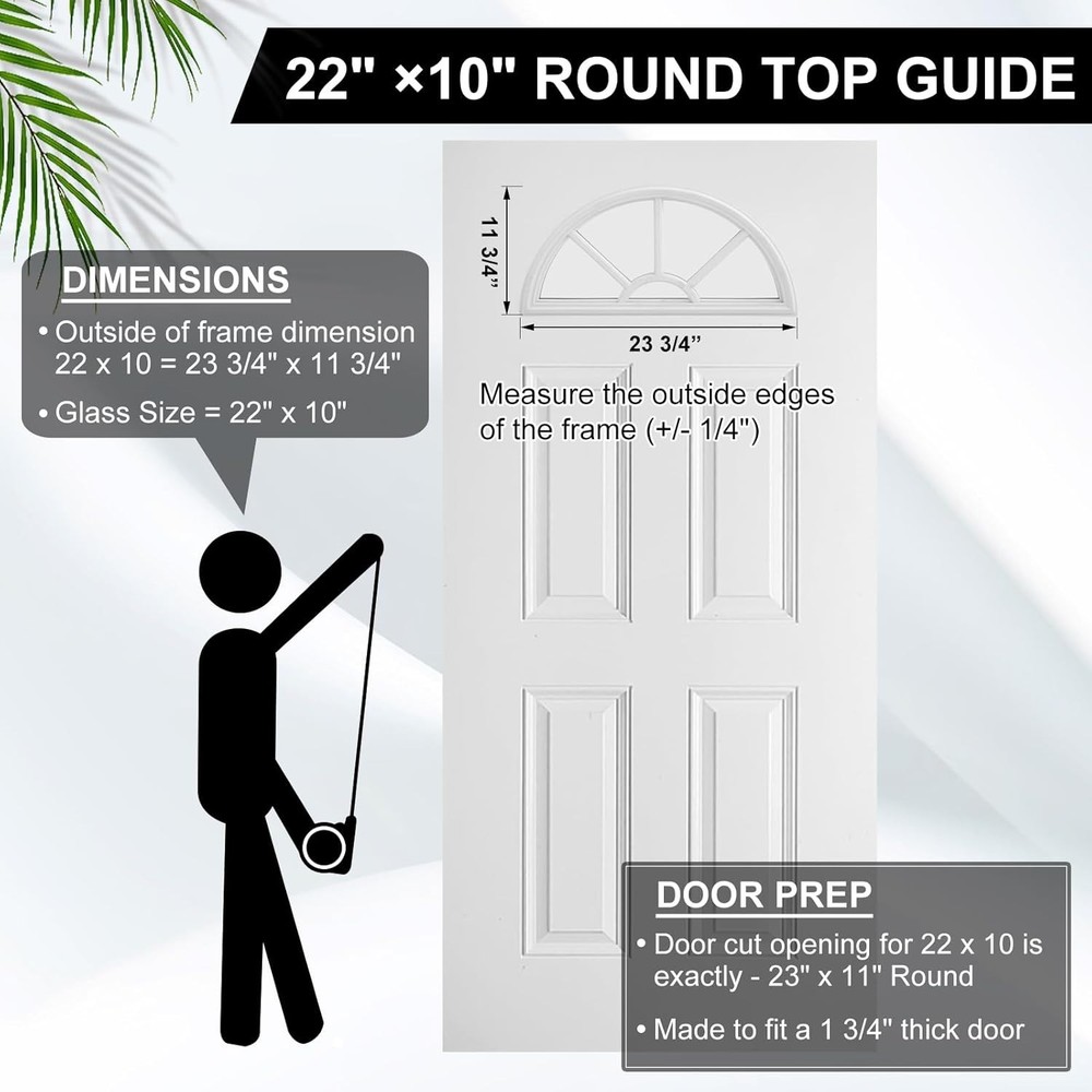 22" x 10" Entry Door Glass Insert - Elegant Half Round Low-e Window Replacement