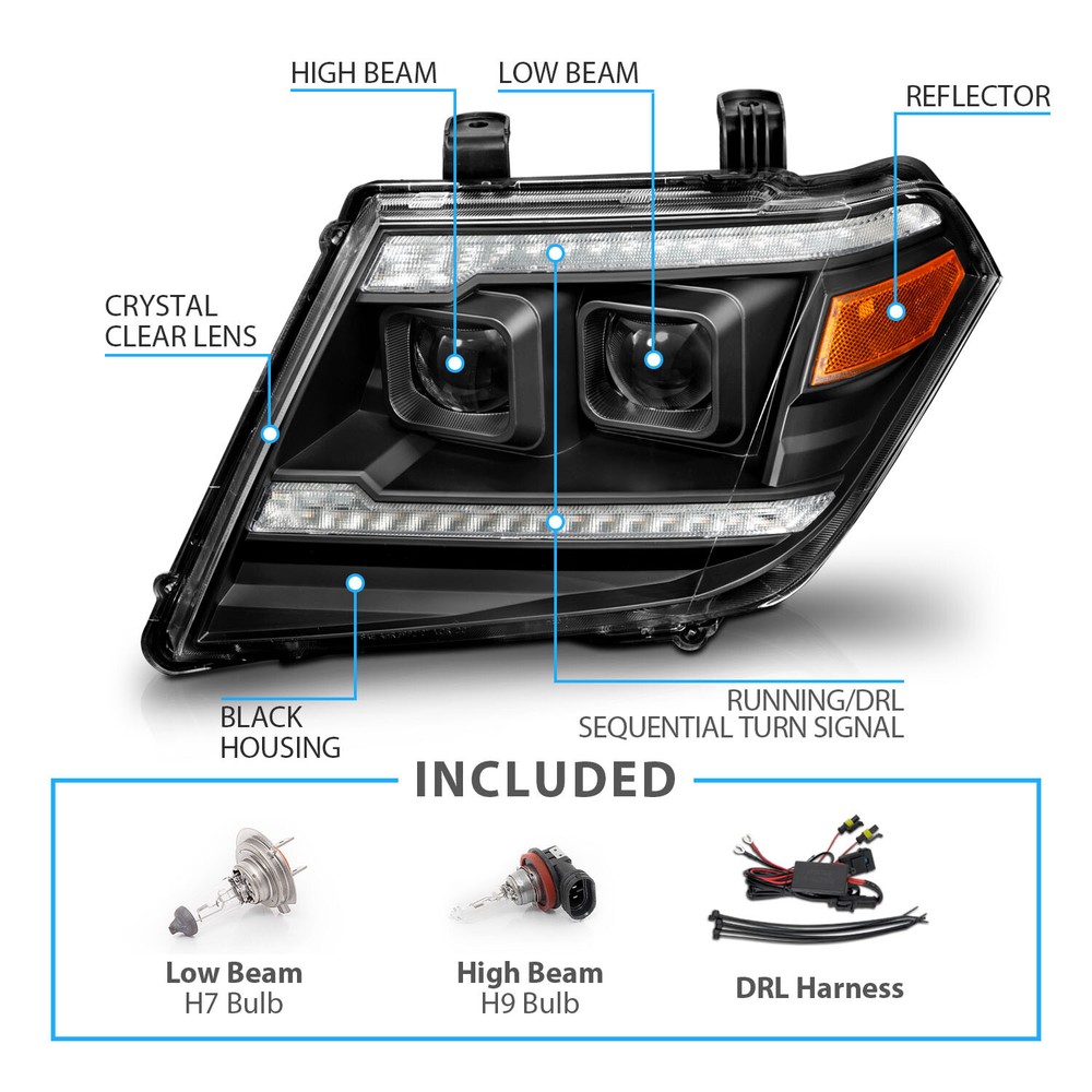 2009-2020 For Frontier LED DRL Switchback Sequential Signal Black Headlights