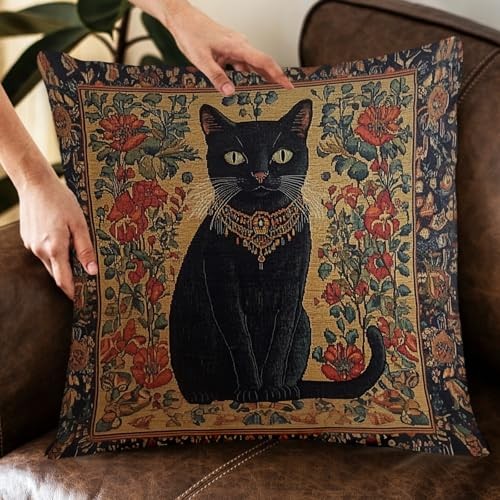 William Morris Abstract Vintage Black Cat Design Throw Pillow Cover Black Cat4